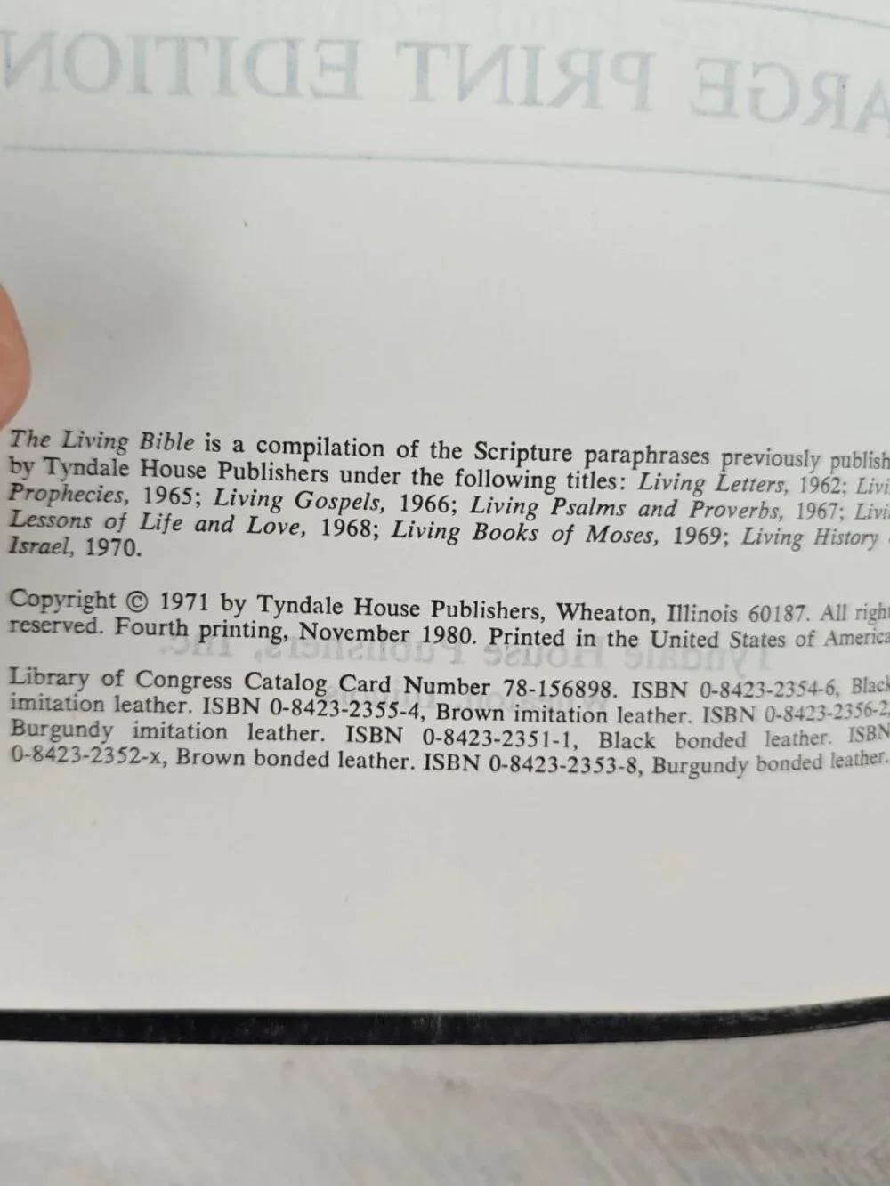 The Living Bible Paraphrased Large Print Edition Tyndale House 1971 Softcover